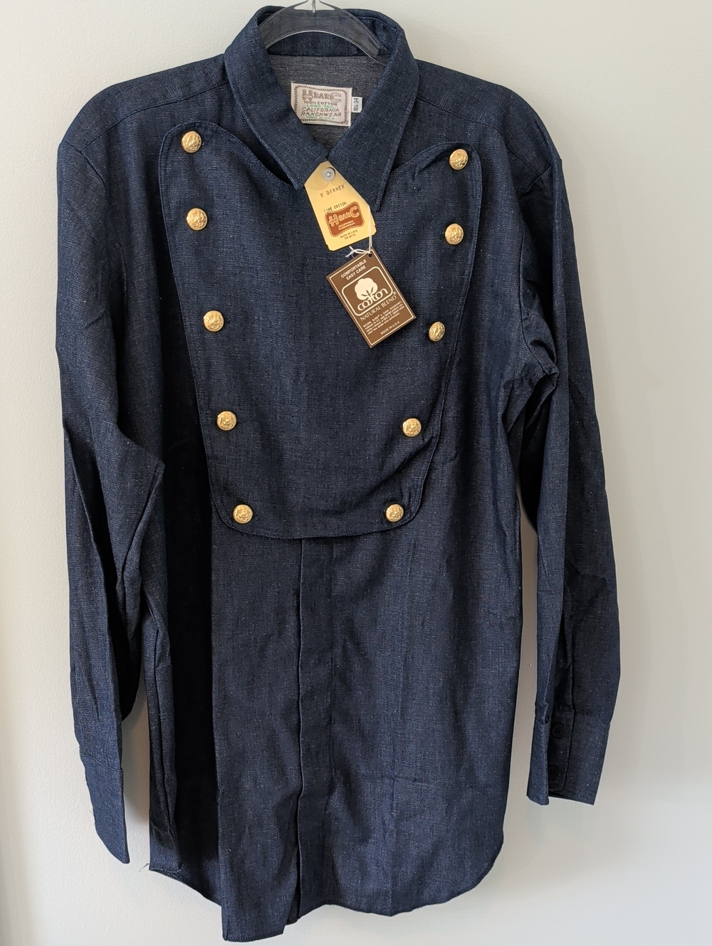 H Bar C Longtail Bib Denim Shirt 16 1/2 34 California Ranchwear NWT Vintage
